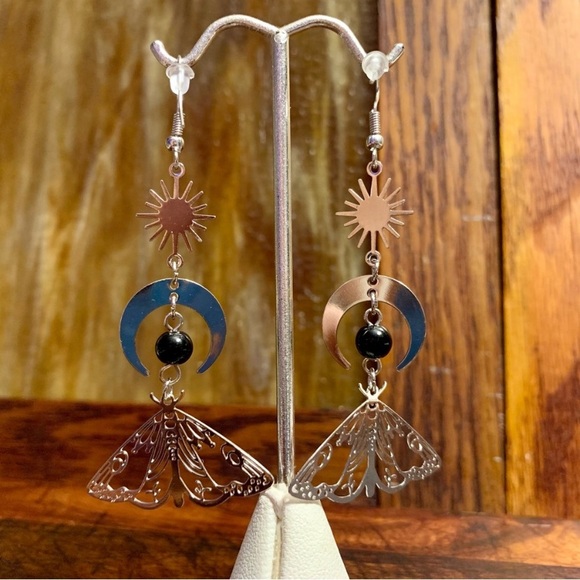 The Sun and The Moon Moth Boho Dangler Earrings - Picture 6 of 7